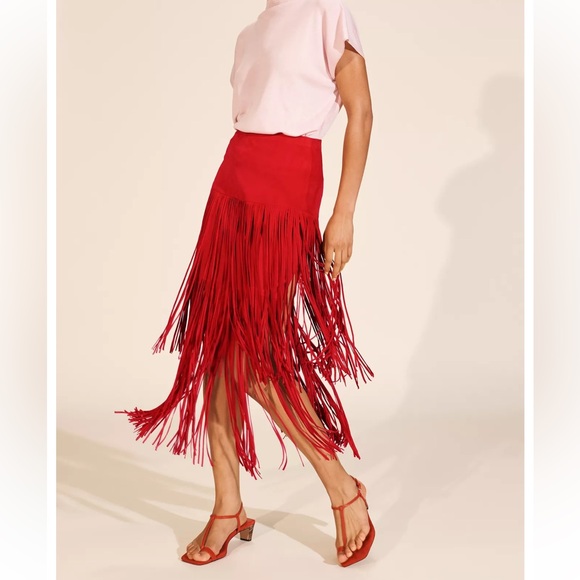❗️BUY NOW❗️ITEM WILL BE REMOVED SOON❗️Zara Suede Red Fringe Skirt - Picture 2 of 6